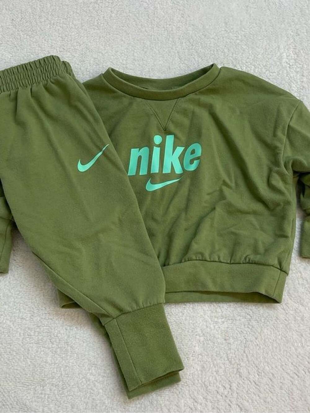 Nike 12 month 12m Kids Olive Green Sweatshirt & Joggers Set with Mint Logo